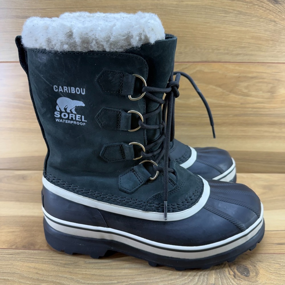 Sorel Caribou Snow Boots Womens 7 Black Nubuck Wool Sherpa Winter Waterproof